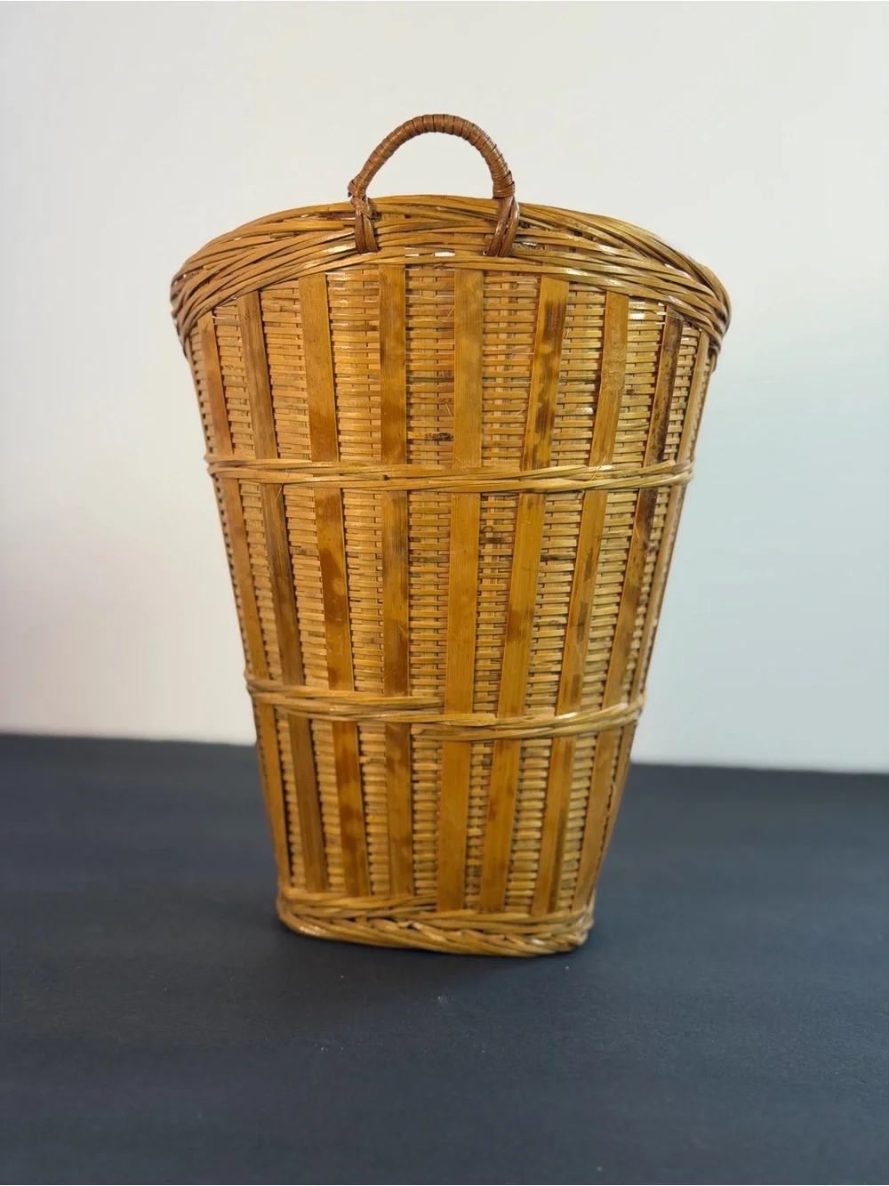 Vintage Hanging Tortoise Shell Woven Bamboo Basket Vintage 10x7in Boho Decor